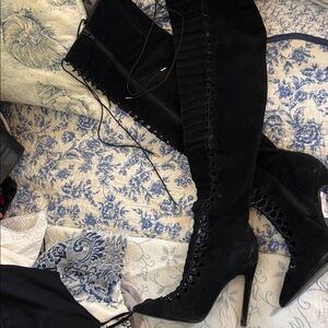 Topshop Black Lace-Up Over-the-Knee Stiletto Boots